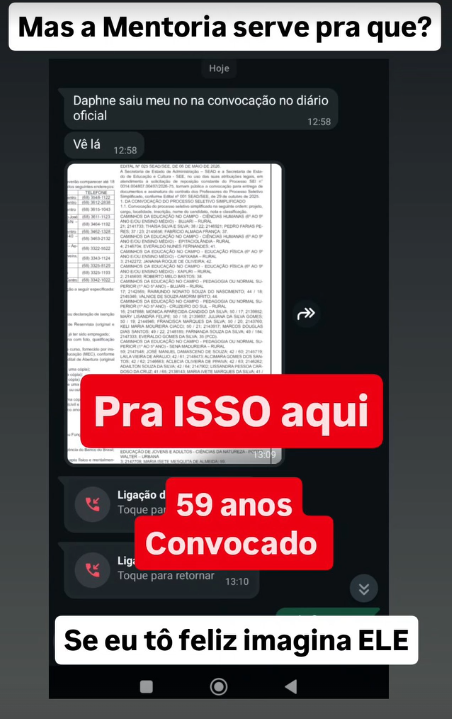 Depoimento sobre aprovação e convocação após a mentoria