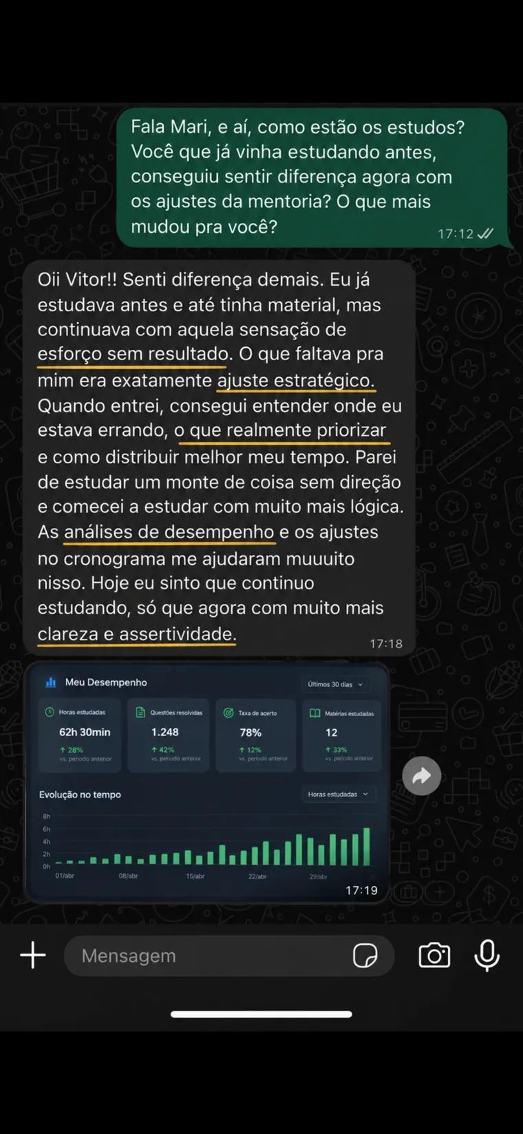 Feedback no WhatsApp de aluna sobre os ajustes da mentoria