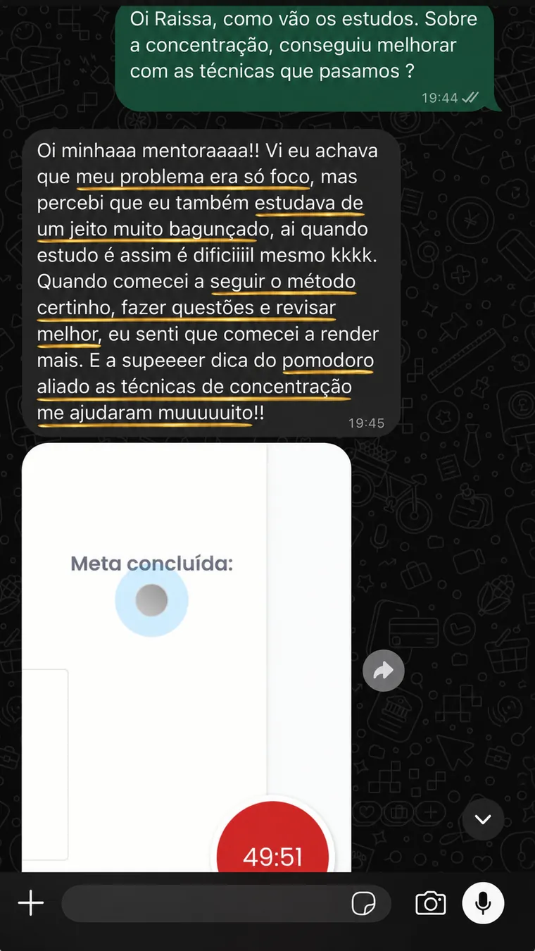 Feedback no WhatsApp de aluna sobre concentração e técnica pomodoro