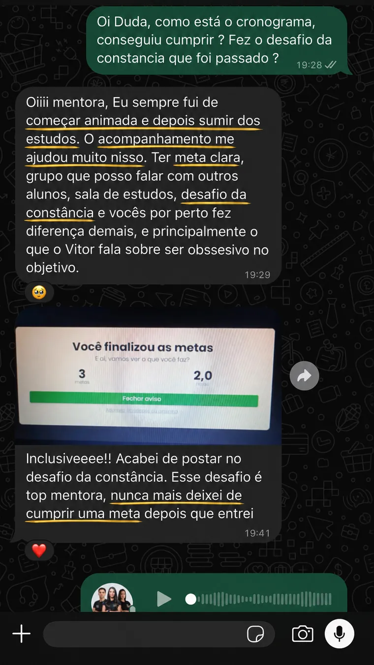 Feedback no WhatsApp de aluna sobre o desafio da constância