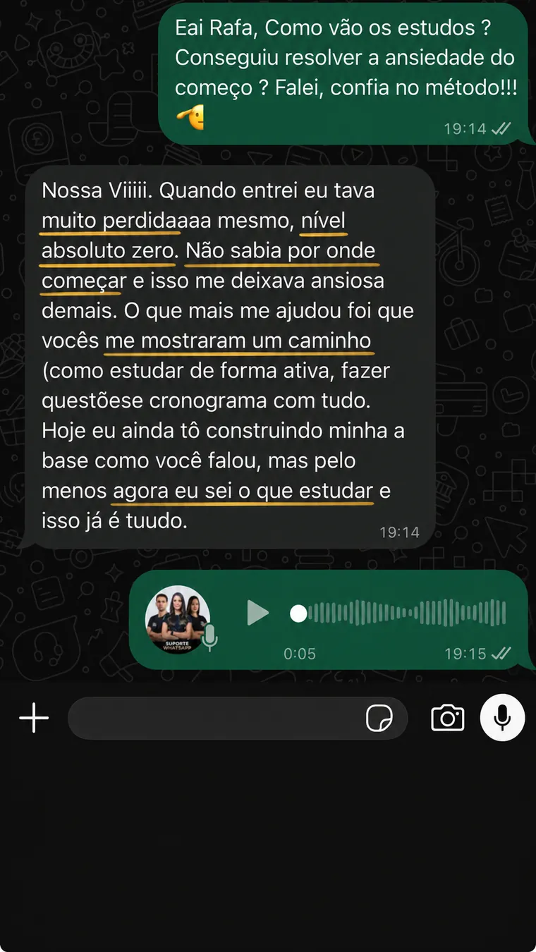 Feedback no WhatsApp de aluna que começou do zero na MSP