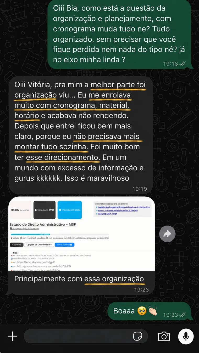 Feedback no WhatsApp de aluna sobre organização e cronograma