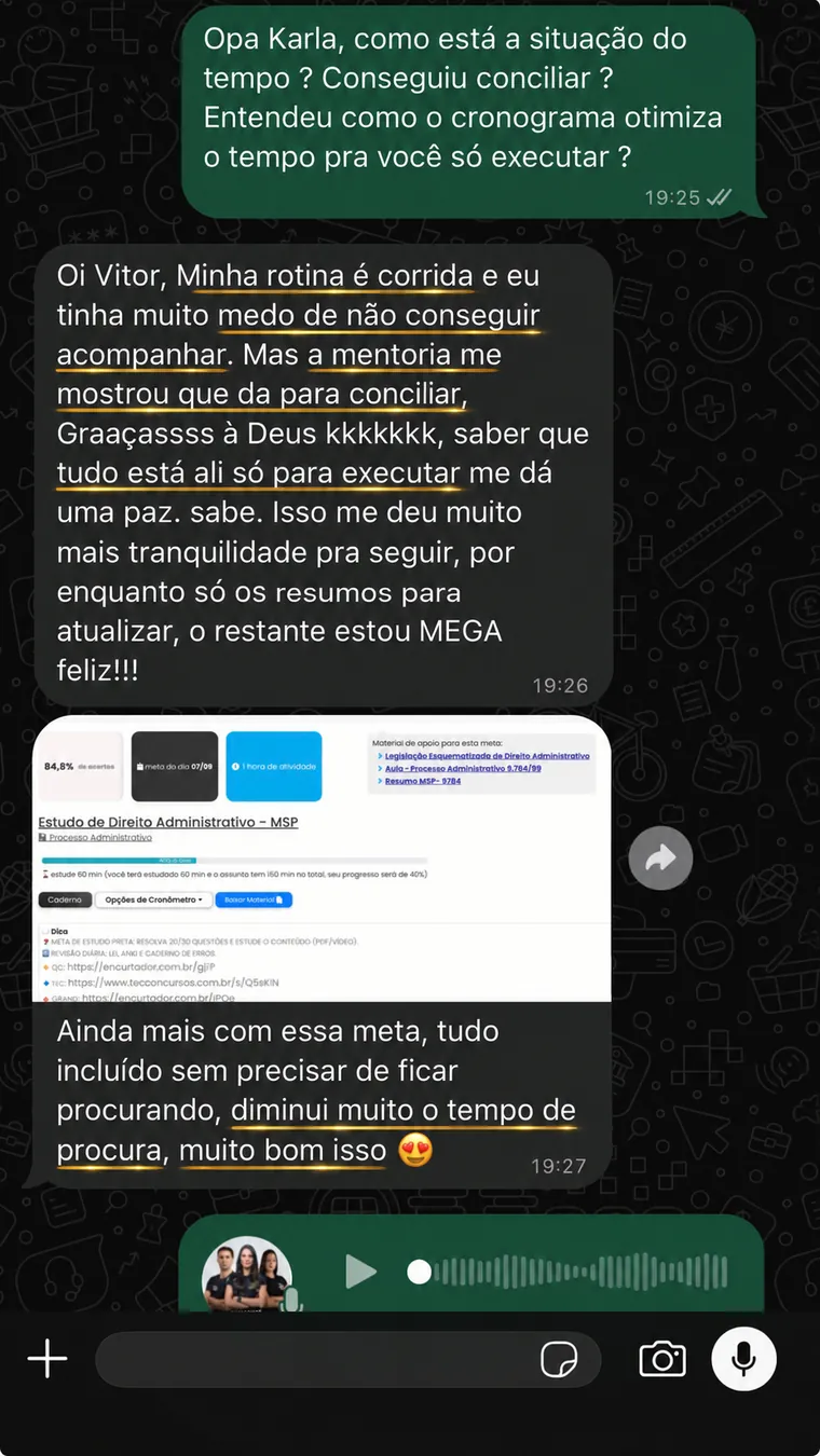 Feedback no WhatsApp de aluna sobre conciliação do tempo de estudo