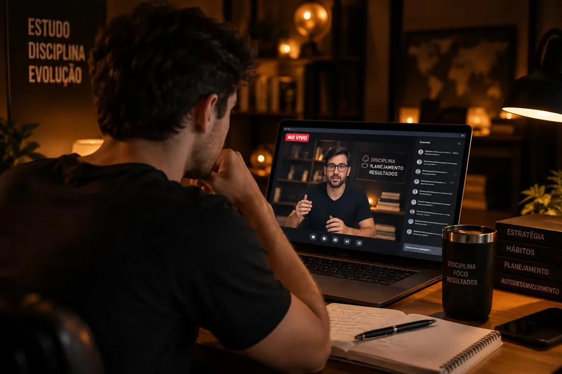 Aluno participando de uma live da mentoria MSP pelo notebook, com indicador ao vivo na tela