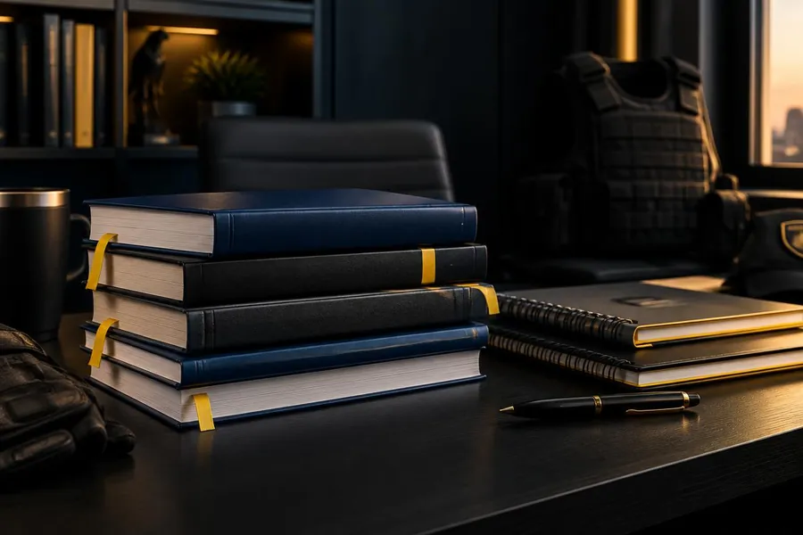 Livros e cadernos de estudo organizados sobre uma mesa