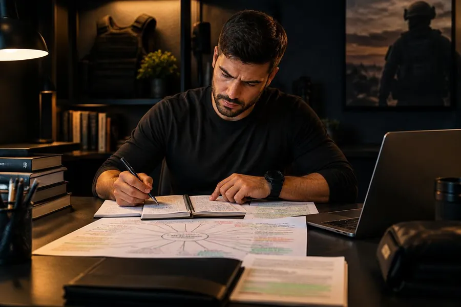 Estudante revisando anotações e mapa estratégico de prova