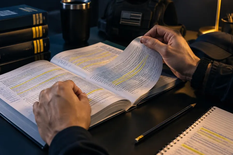 Mãos folheando material de estudo impresso e anotado