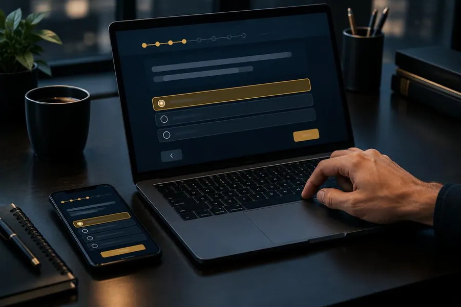 Notebook e celular exibindo uma plataforma de questões