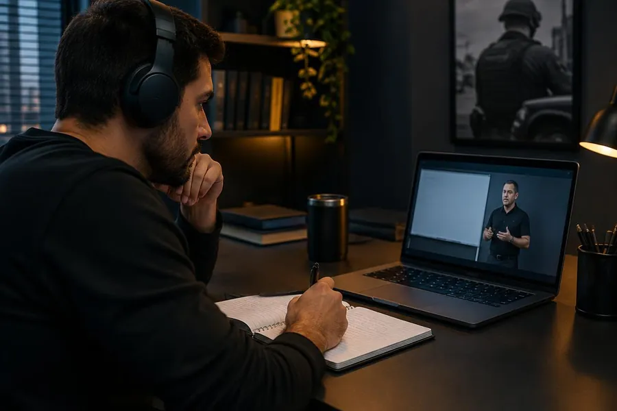 Estudante assistindo a uma videoaula no notebook com fones de ouvido